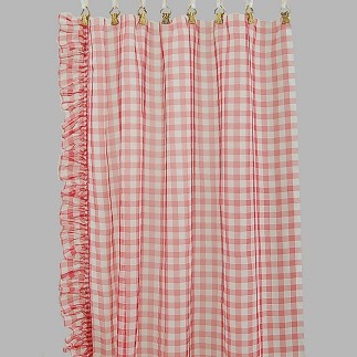 Bonne femme Voile geruit met ruches kleur rood breedte 95 cm