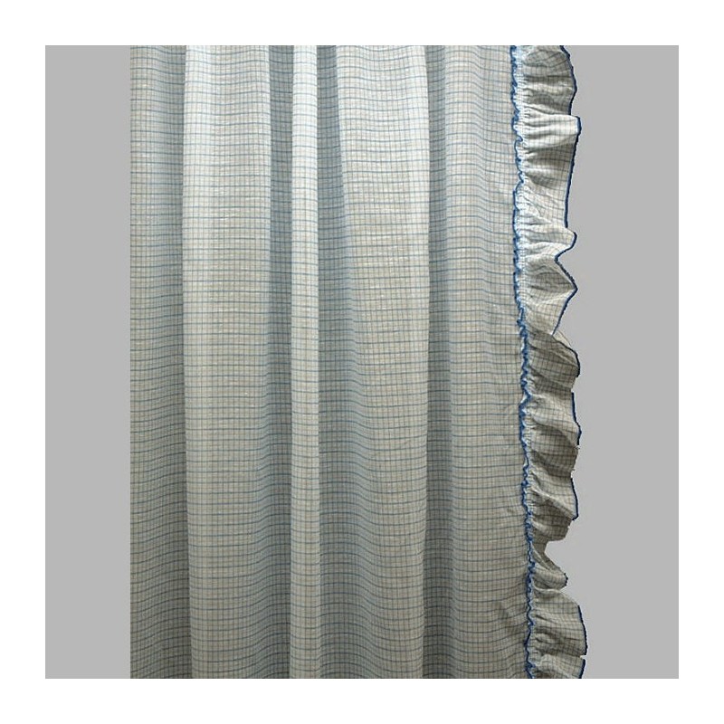 Bonne femme voile geruit met ruches kleur blauw breedte 100 cm