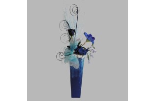 Flower arrangement blue vase and butterfly
