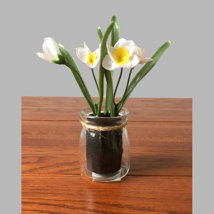 Bocal en verre avec des jonquilles blanches