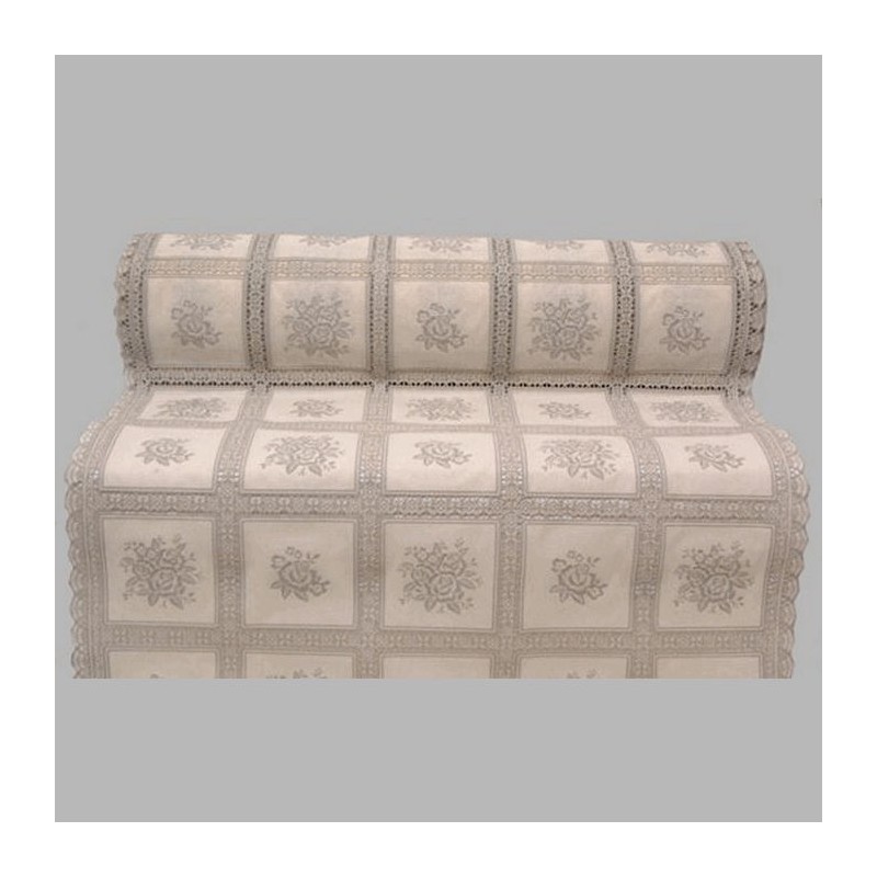 Chemin de table plastique blanc avec roses gris largeur 50 cm