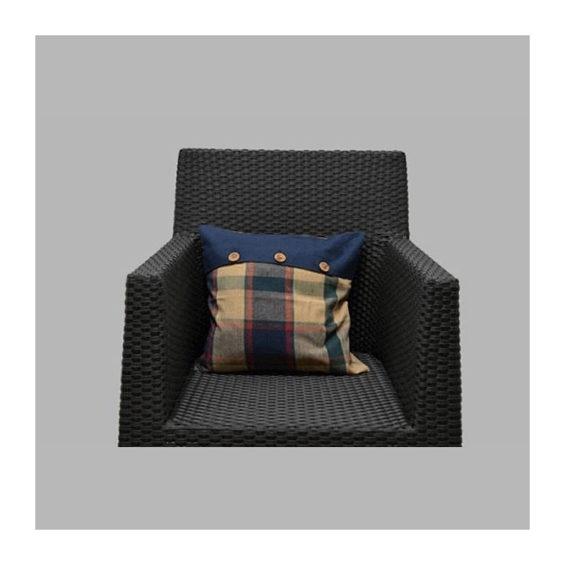 Decorative cushion cover block design with wooden buttons blue