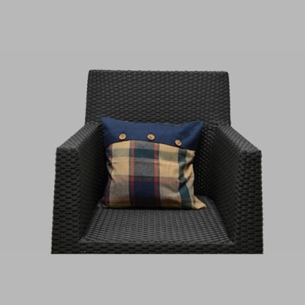Decorative cushion cover block design with wooden buttons blue