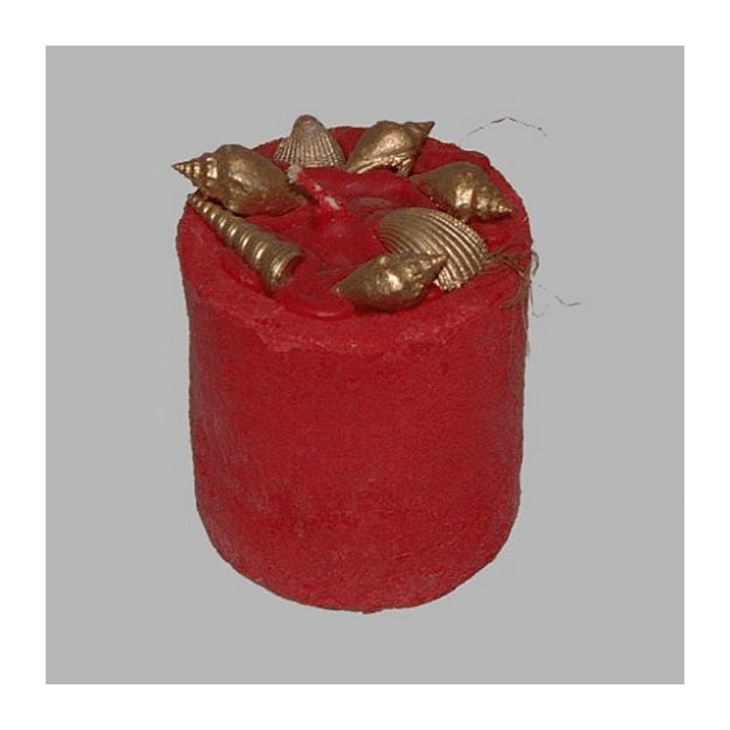 bougie avec coquillages dorés couleur rouge 7.5 cm haut 7.5