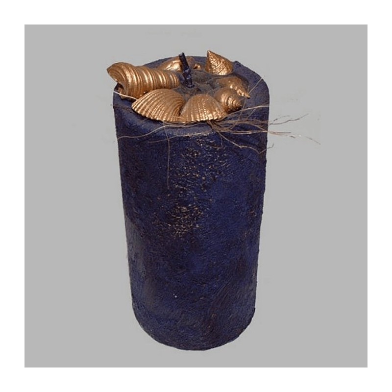 bougie avec coquillages dorés couleur bleue 15 cm haut 7.5 c