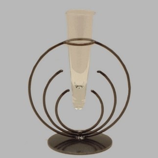Glass pipe vase in wrought iron holder