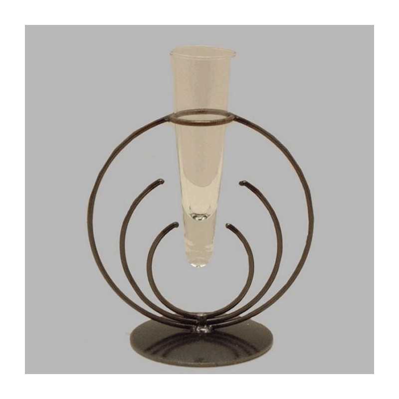 Glass pipe vase in wrought iron holder