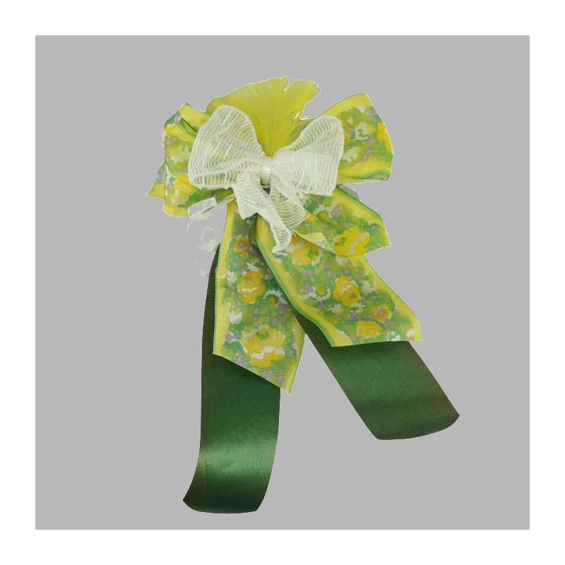Bow tie yellow green white with yellow feathers W 17 x L 27 cm