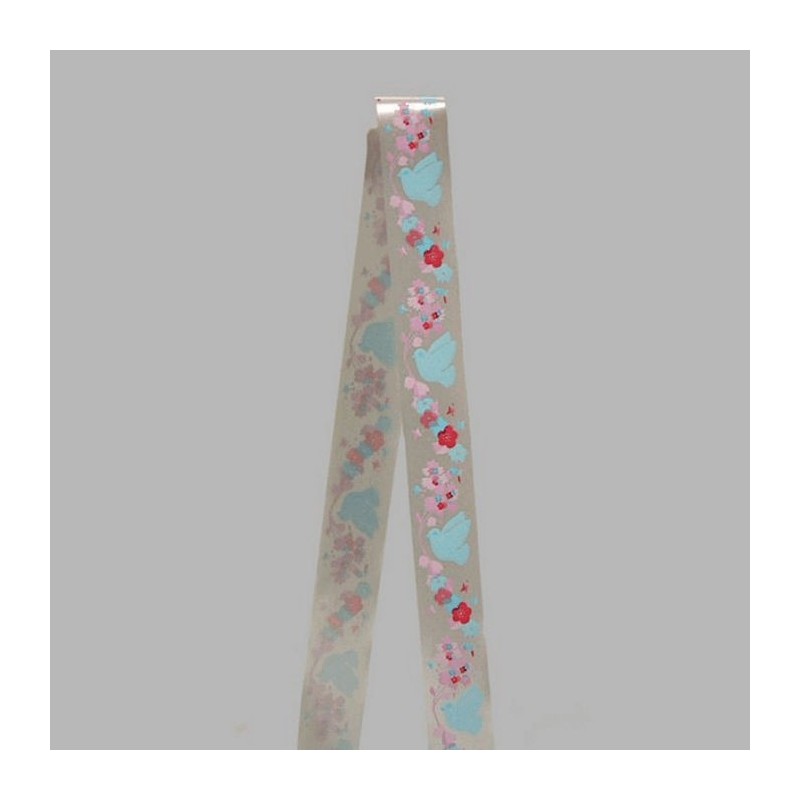 Decoration ruban de tissu argent bleu rose tourtereaux largeur 35 mm