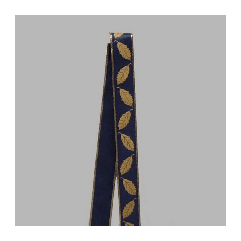 Decoration ribbon of fabric blue gold leaves design width 35 mm