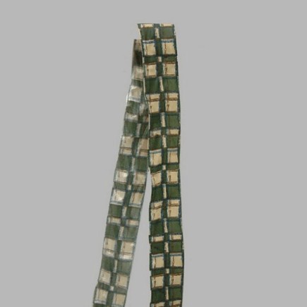 Decoration ribbon of fabric beige green checkered design width 40 mm