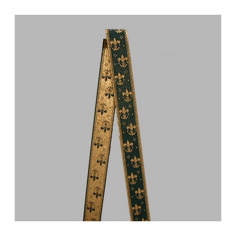 Decoration ruban de tissu or vert fleur de lys largeur 40 mm