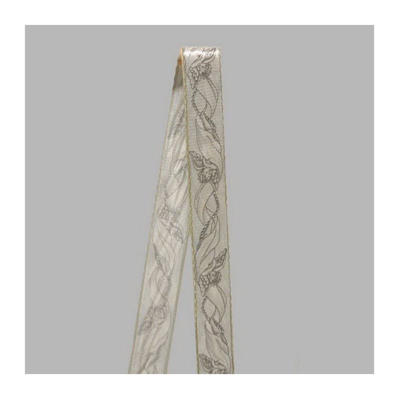 Decoratie lint van stof wit zilver engelen patroon breedte 35 mm Decoratie lint van stof wit zilver engelen patroon breedte 35 mm