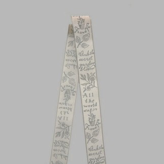 Decoration ribbon of fabric white grey flowers and text pattern width 40 mm