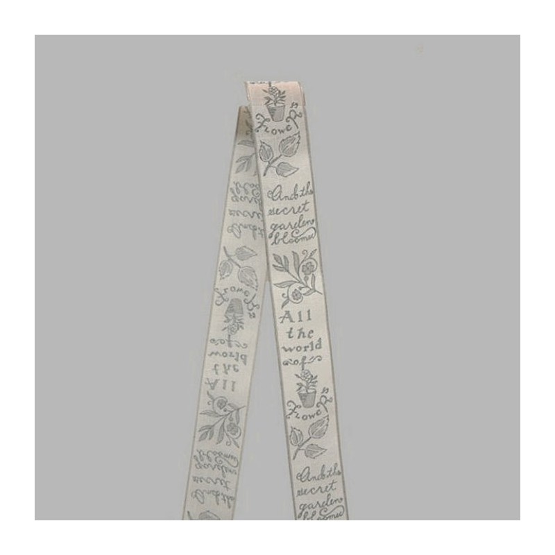 Decoration ribbon of fabric white grey flowers and text pattern width 40 mm