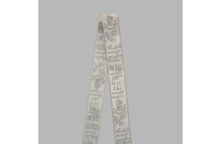 Decoration ribbon of fabric white grey flowers and text pattern width 40 mm