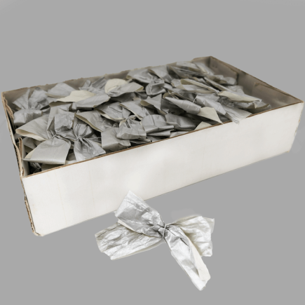 Box of gray and silver paper bows