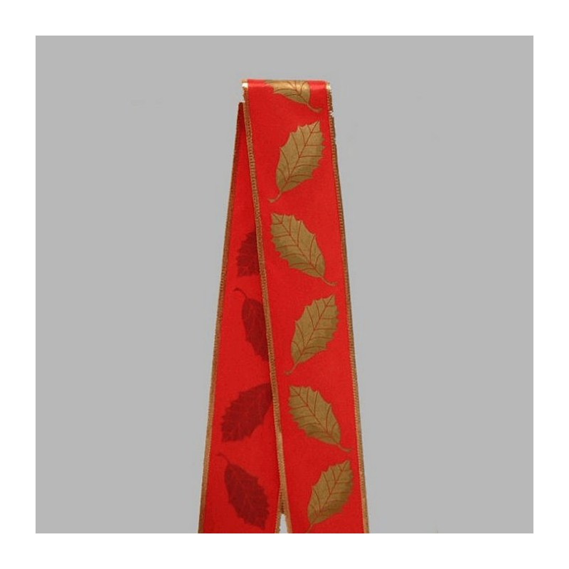 Decoratie lint van stof kleur rood goud bladeren motief breedte 70 mm