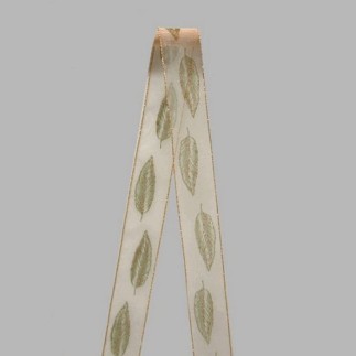 Decoratie lint van stof wit goud groen bladeren breedte 40 mm
