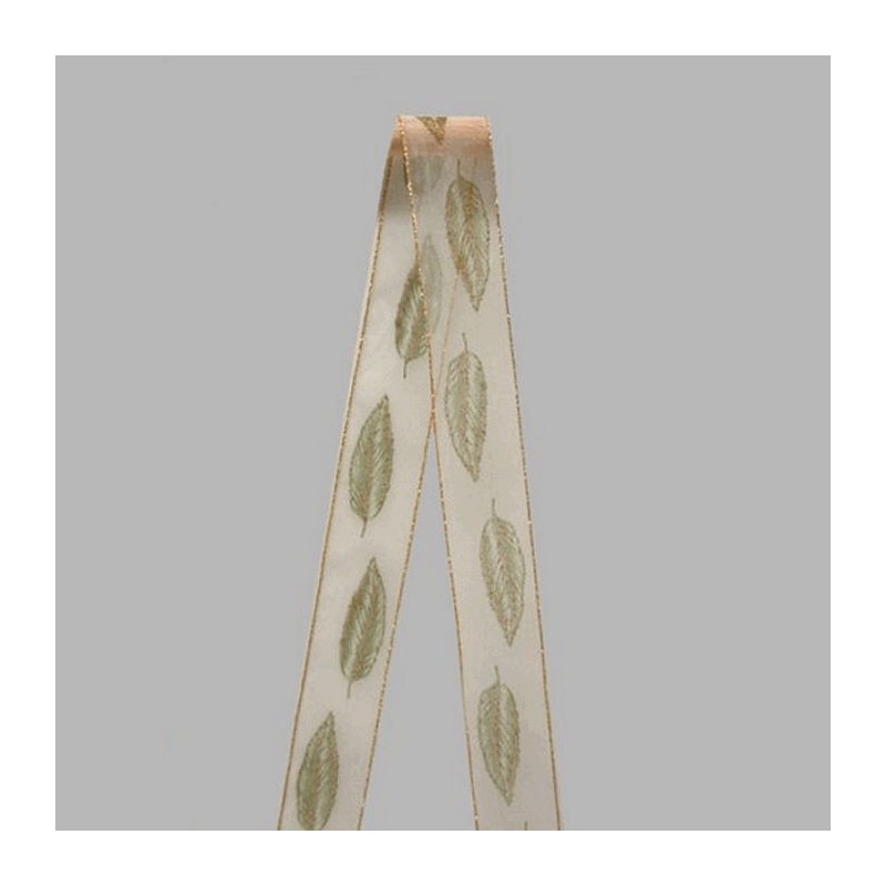 Ruban de décoration en tissu or blanc vert feuilles largeur 40 mm