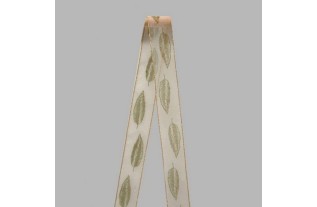 Decoration ribbon of fabric white gold green leaves width 40 mm