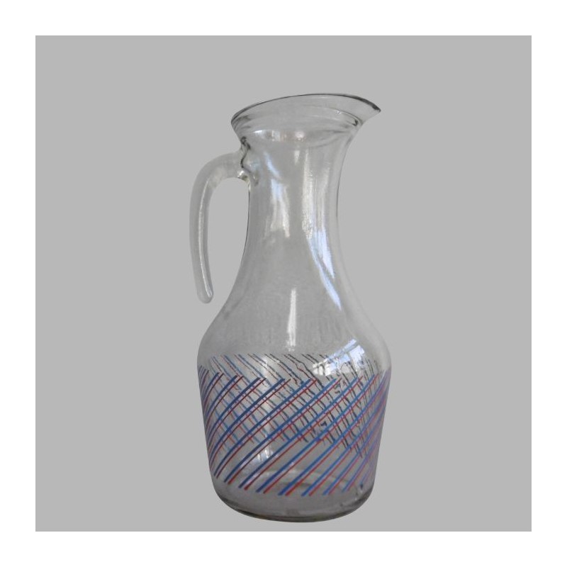 Vintage Glazen Karaf met Rood-Blauw Gestreept Design - Tijdloze Stijl