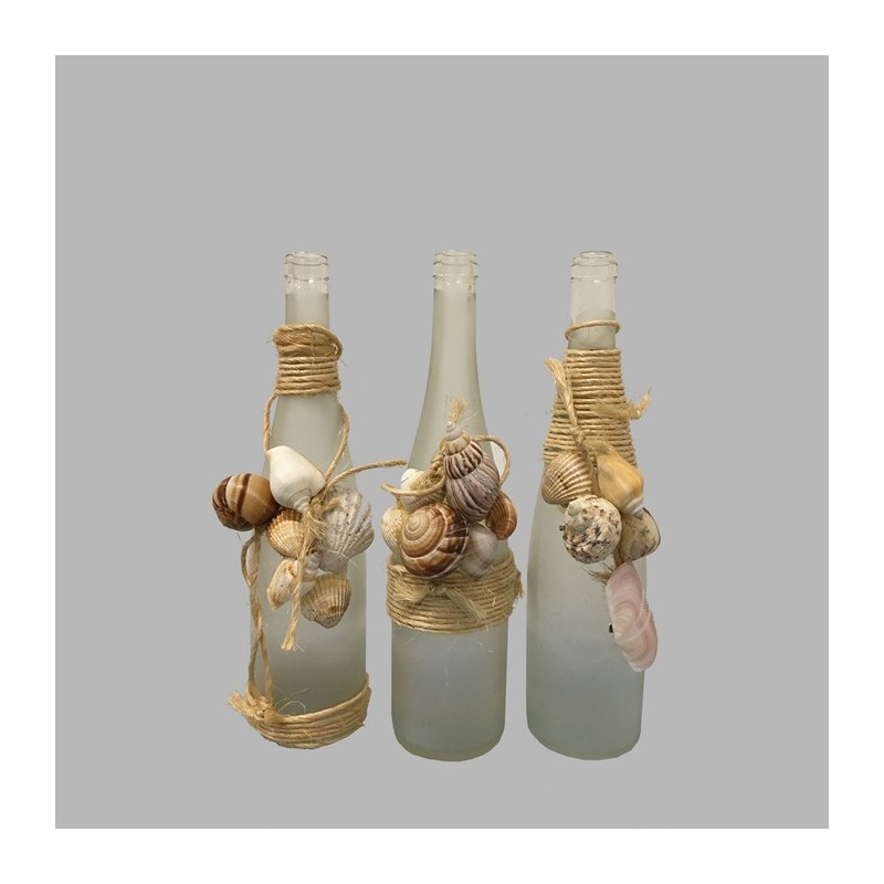 Fles in mat glas met schelpen en touw 3 x Fles in mat glas met schelpen en touw 3 x
