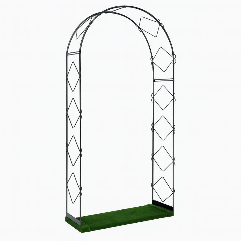 Rose Arch Metal Green – on Wooden Base with Grass Carpet Rose Arch Metal Green – on Wooden Base with Grass Carpet