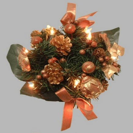 kerst boeket met verlichting kleur bruin en goud 25 cm