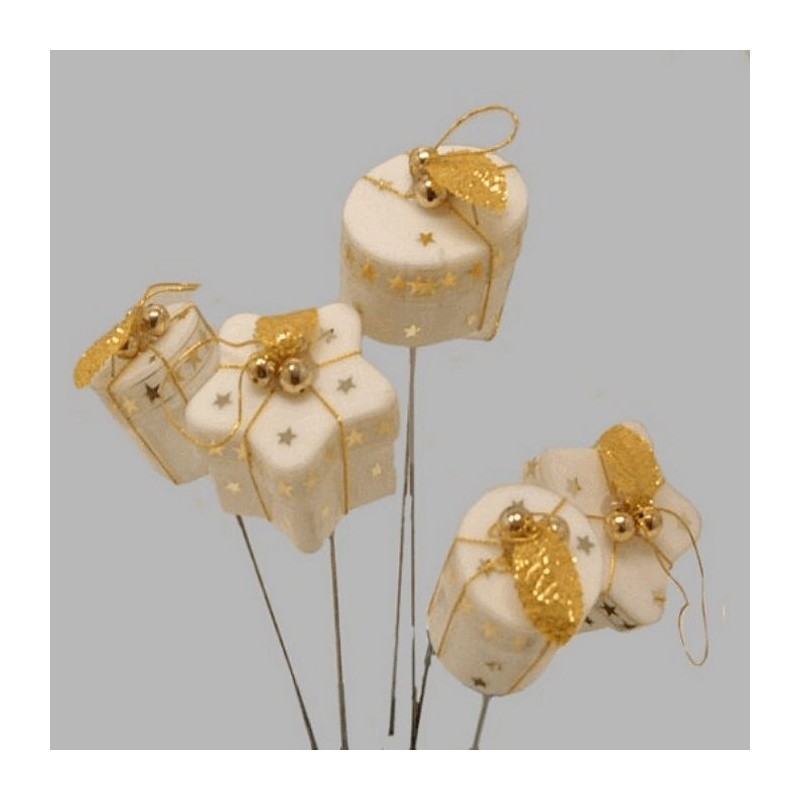 Cadeaux de Noël sur fil blanc et or 23 cm 6 pcs
