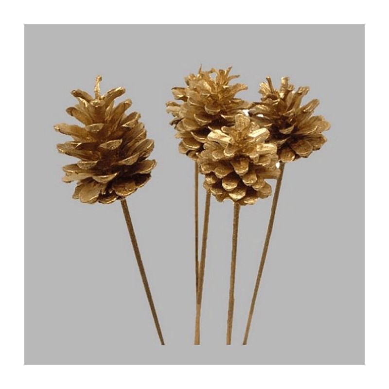 Cône de pin sur le bâton couleur or 55 cm 5 pcs