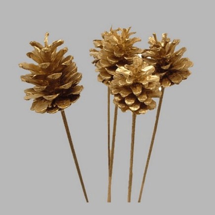 Cône de pin sur le bâton couleur or 55 cm 5 pcs