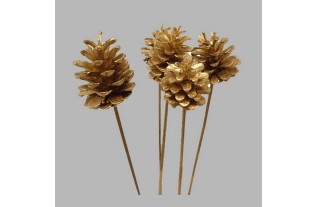 Cône de pin sur le bâton couleur or 55 cm 5 pcs