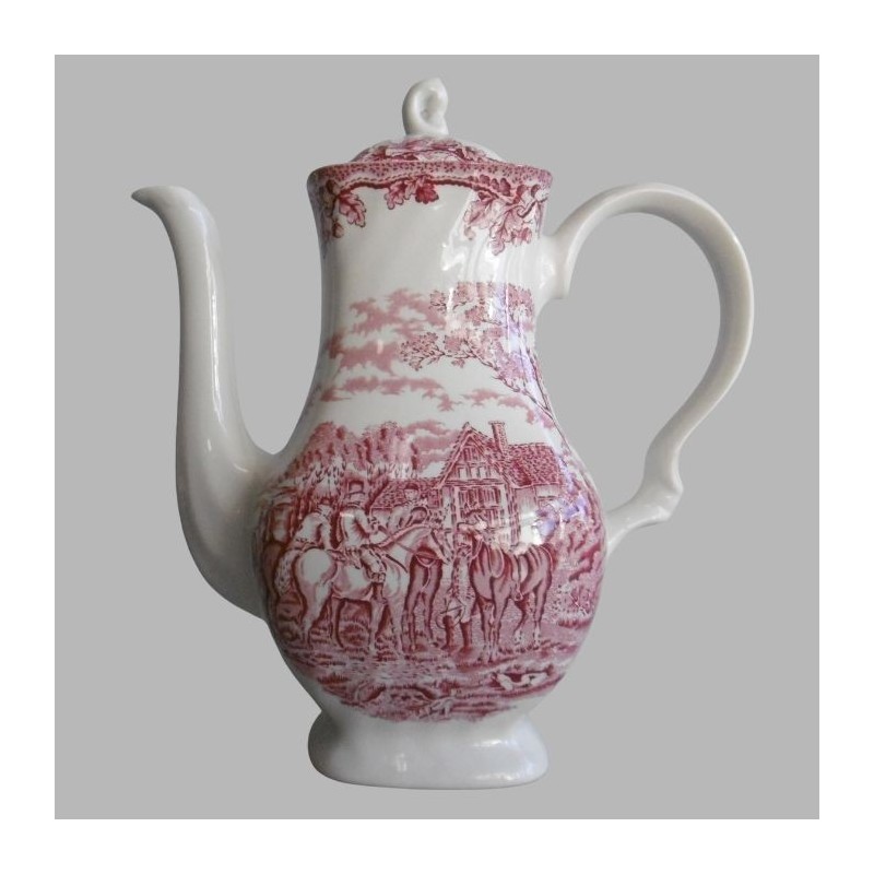 Vintage Ceramic Coffee Pot with Red Historical Scene and Floral Motifs Vintage Ceramic Coffee Pot with Red Historical Scene and Floral Motifs