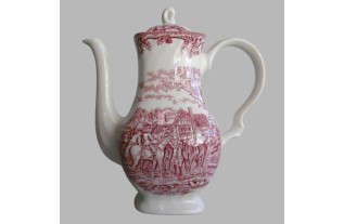 Vintage Keramische Koffiekan met Rood Historisch Tafereel en Bloemmotieven