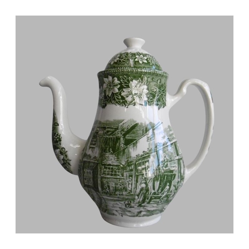 Vintage Teapot with Green Village Scene Classic Ceramic Art