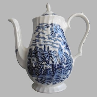 Vintage Teapot with Blue Carriage Scene Classic Ceramic Elegance