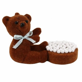 Ours Décoratif Foncé avec Biscotte et Perles de Sucre – Accent Naissance Classique (H 6 × L 5 × P 7 cm)