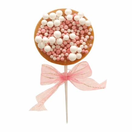 Beschuit met Muisjes op Prikker – Wit & Roze met Strik (4 × 10 cm)