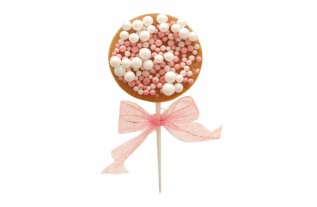 Rusk with Sugar Sprinkles on Stick – White & Pink with Bow (4 × 10 cm)