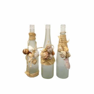 Fles in mat glas met schelpen en touw – set van 3 (35 cm)