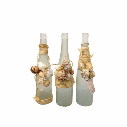 Bouteilles en verre mat avec coquillages et corde – lot de 3 (35 cm)