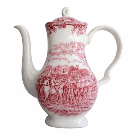 Vintage Keramische Koffiekan met Rood Historisch Tafereel en Bloemmotieven