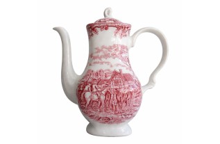 Theiere Vintage en Ceramique avec Scene Historique Rouge et Motifs Floraux