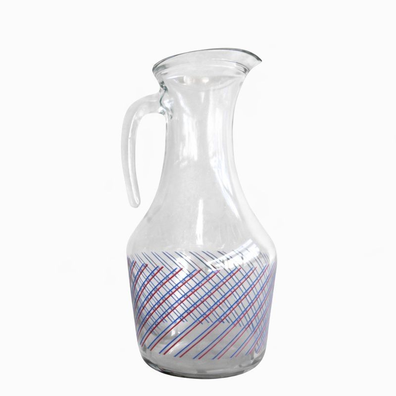 Vintage Glazen Kan – Transparant met Rood-Blauw Strepenpatroon | H 25 x B 13 cm