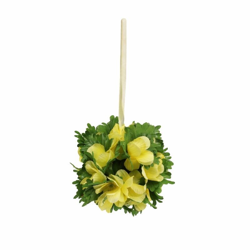 Boule Décorative de Fleurs Artificielles Jaunes avec Ruban – 25 × 14 cm Boule Décorative de Fleurs Artificielles Jaunes avec Ruban – 25 × 14 cm