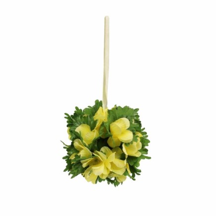 Boule Décorative de Fleurs Artificielles Jaunes avec Ruban – 25 × 14 cm