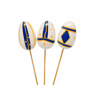 Œuf de Pâques en bois sur tige blanc, bleu et jaune – lot de 3 peints à la main avec trois motifs différents