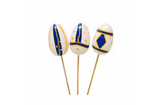 Œuf de Pâques en bois sur tige blanc, bleu et jaune – lot de 3 peints à la main avec trois motifs différents