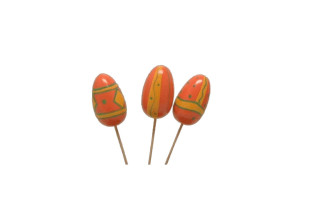 Œuf de Pâques en bois sur tige orange et jaune – lot de 3 peints à la main avec trois motifs différents